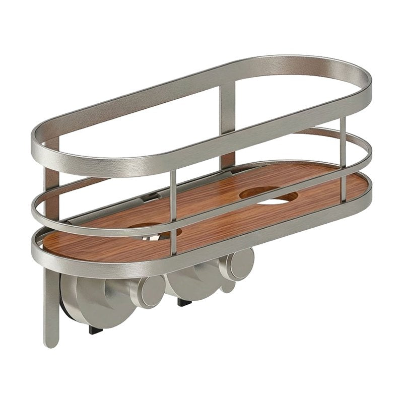 Suction Mount Shower Caddy with Acacia Wood Tray - Satin Nickel Finish