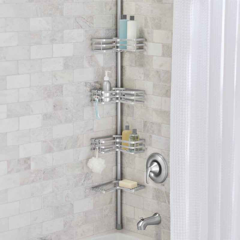 Adjustable Rust-Resistant Satin Nickel Shower Caddy - 3 Tier Tension Pole, Fits 5-9 ft