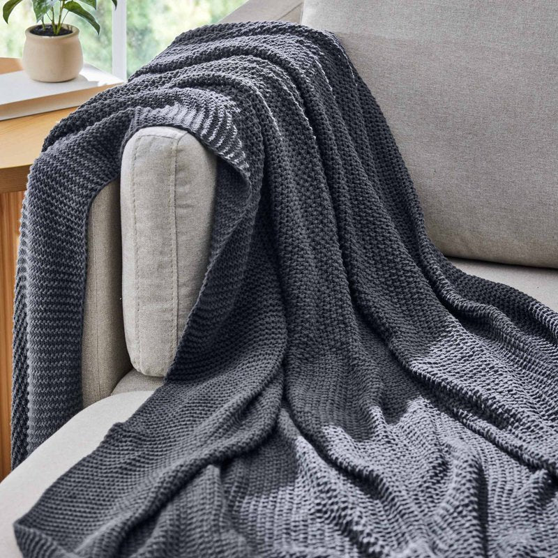 Better Homes & Gardens Charcoal Chunky Knit Throw Blanket - Cotton-Blend, 50x60 inches, Reversible, Machine Washable