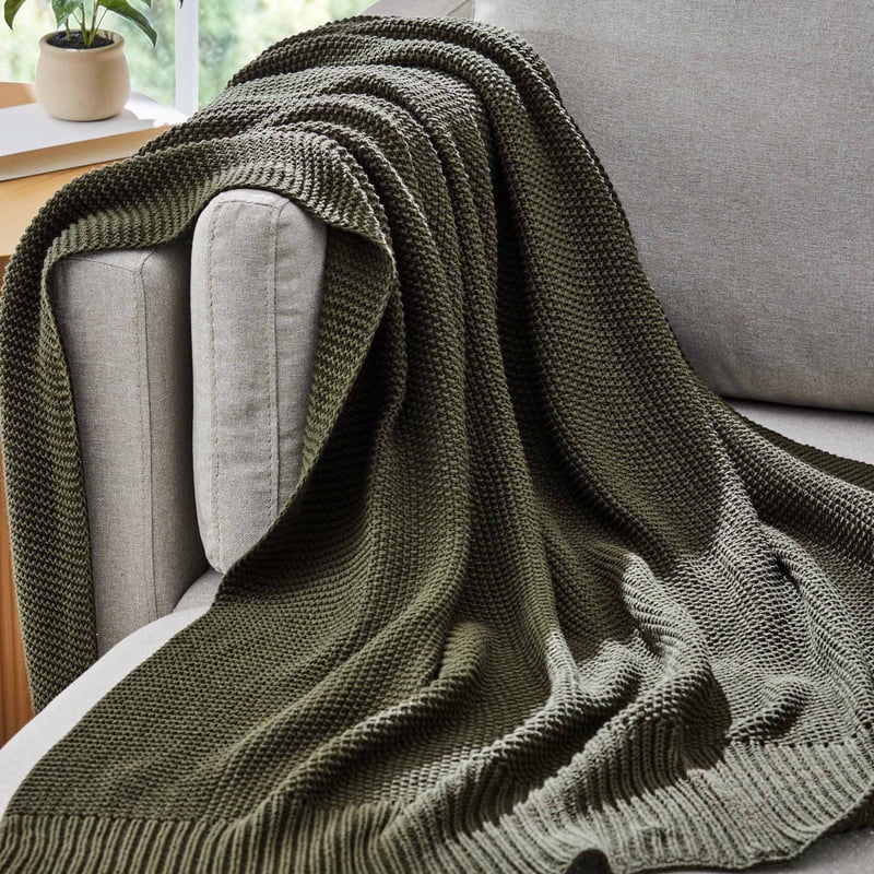 Deep Green Chunky Knit Throw Blanket - Cotton-Blend, 50x60 Inches