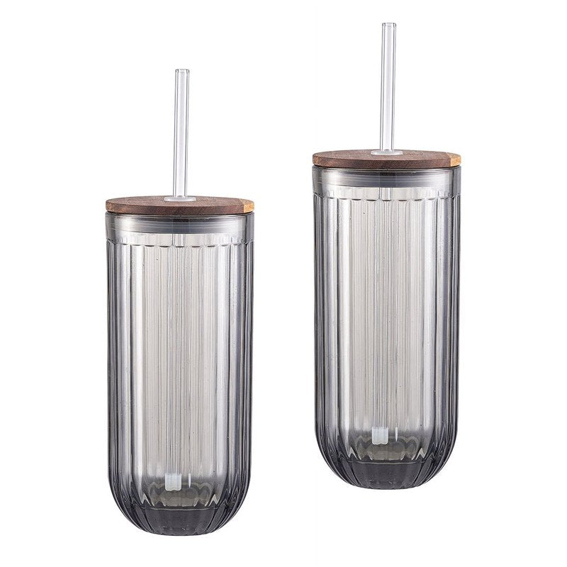 Smoke Ribbed Glass Sipper Set with Acacia Wood Lid - 2 Pack