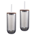 Smoke Ribbed Glass Sipper Set with Acacia Wood Lid - 2 Pack