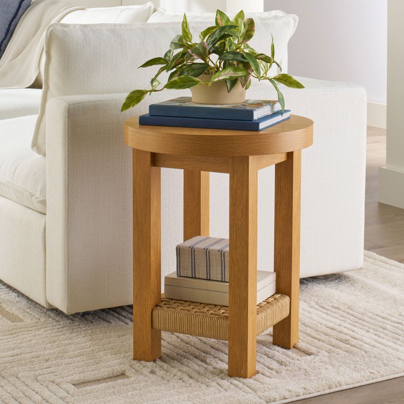 Coastal Round End Table with Woven Shelf - Light Honey, 18 in