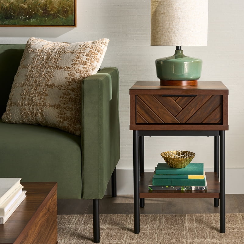 Wyatt Geo End Table - Walnut Finish with Drawer & Shelf