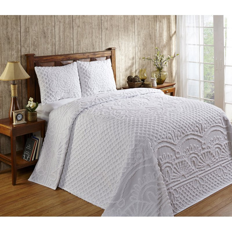 King Bedspread Set - 3 Piece Chenille Bedding with Pillow Shams - White