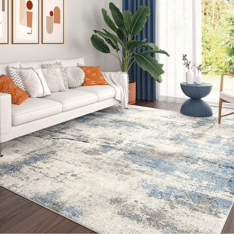 6'7'' x 9'3'' Navy and Blue Indoor Area Rug - Contemporary Abstract Design, Kid & Pet Friendly
