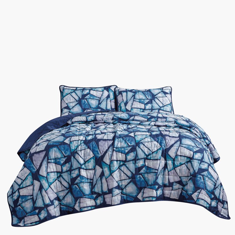 Queen Reversible Bedspread Set Blue Geometric Mosaic Bedding Coverlet - 3 Pieces