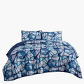 Queen Reversible Bedspread Set Blue Geometric Mosaic Bedding Coverlet - 3 Pieces