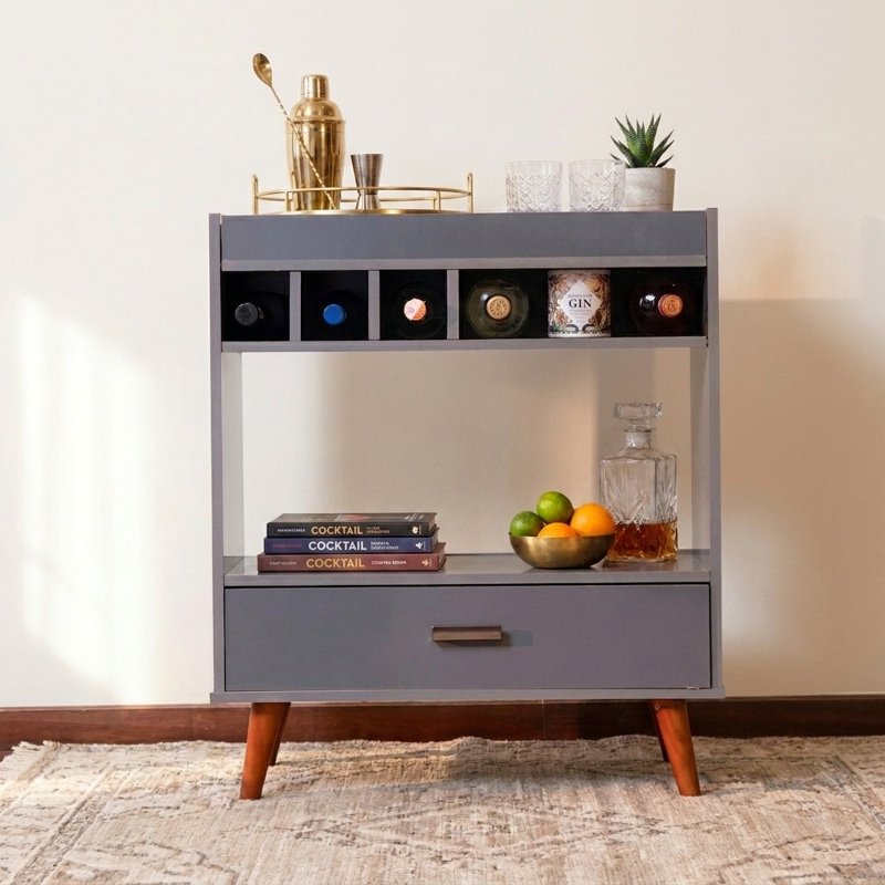 Modern Grey Mini Bar Cabinet with Drawers & Wine Storage