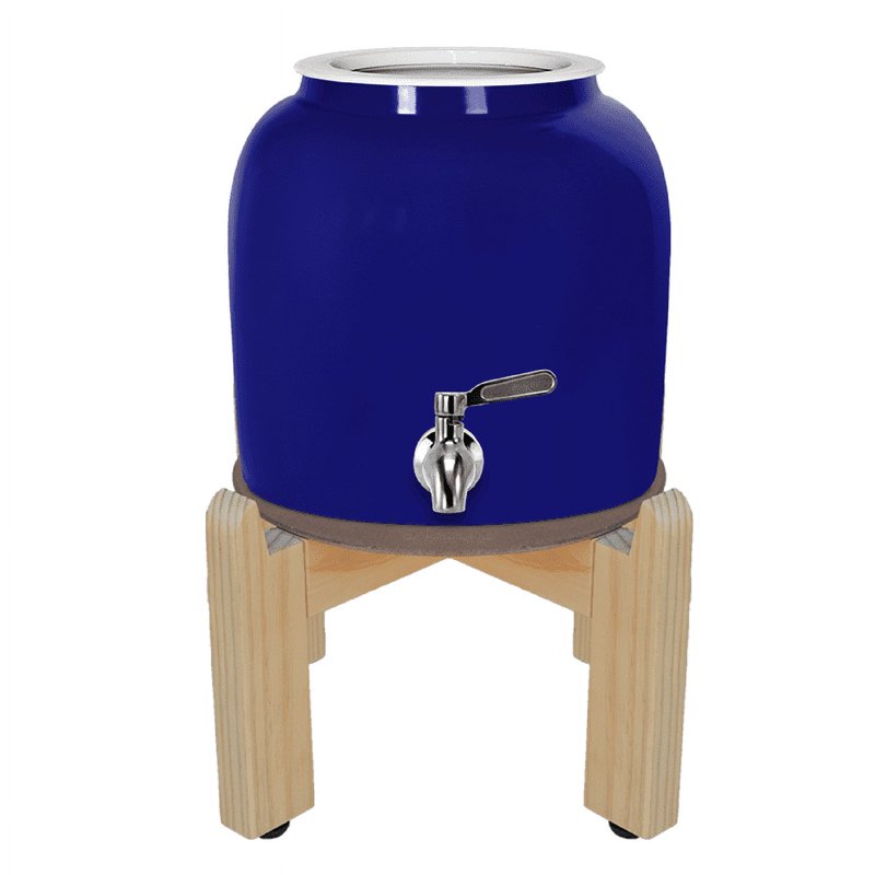 Porcelain Water Dispenser Crock with Wood Stand & Stainless Steel Faucet