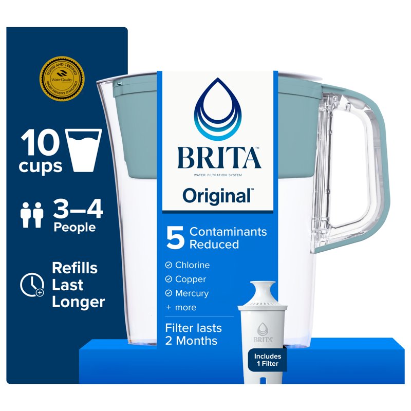 10-Cup Water Filter Pitcher - BPA Free, Stone Blue with Filter