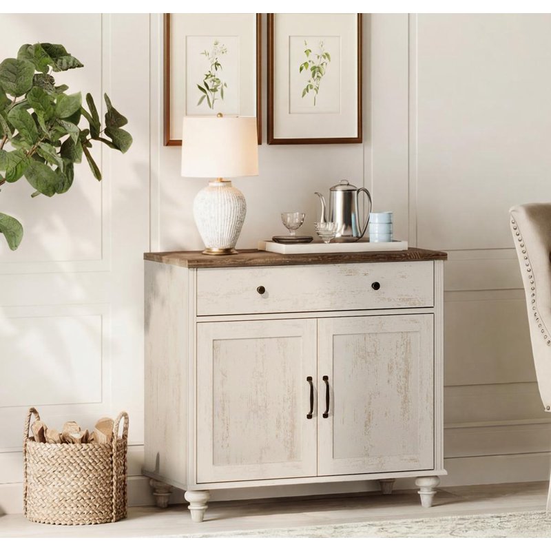 Rustic White Buffet Cabinet with 2 Doors & 1 Drawer - 34-Inch
