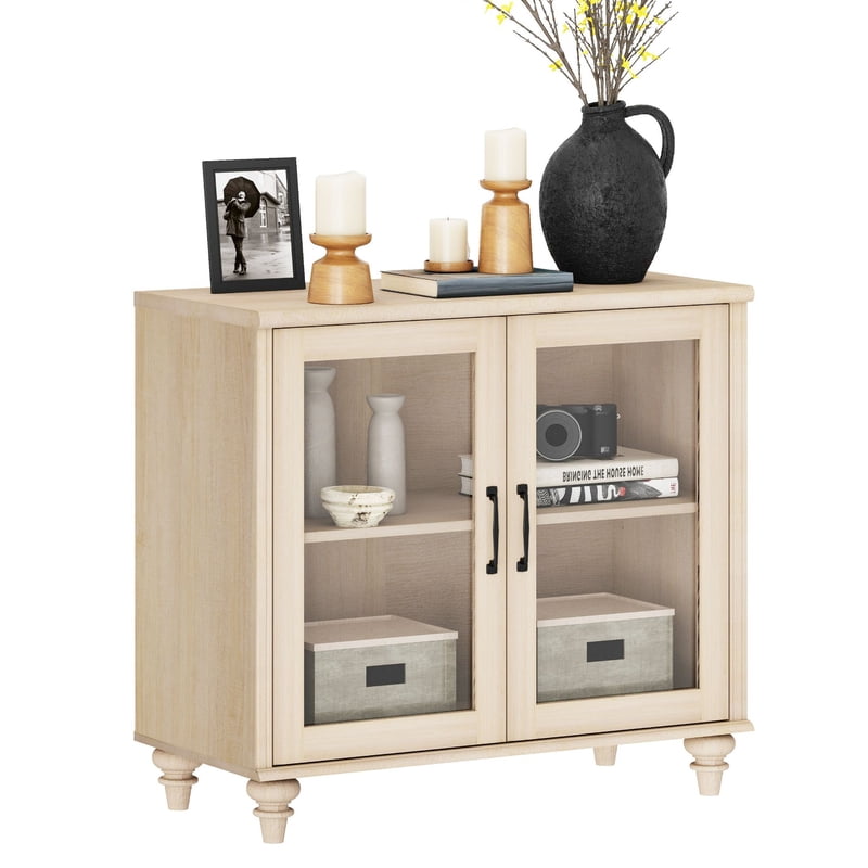 Beige Buffet Cabinet with Glass Door and Adjustable Shelf - 34 Inch