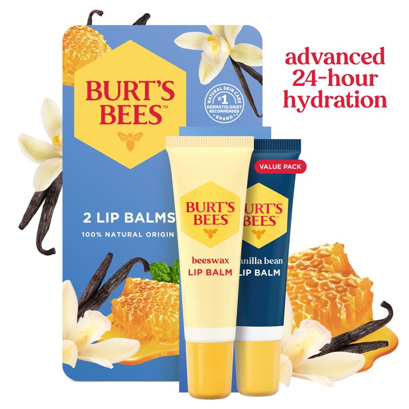 24-Hour Hydrating Natural Beeswax Lip Balm - Vanilla Bean & Peppermint Duo