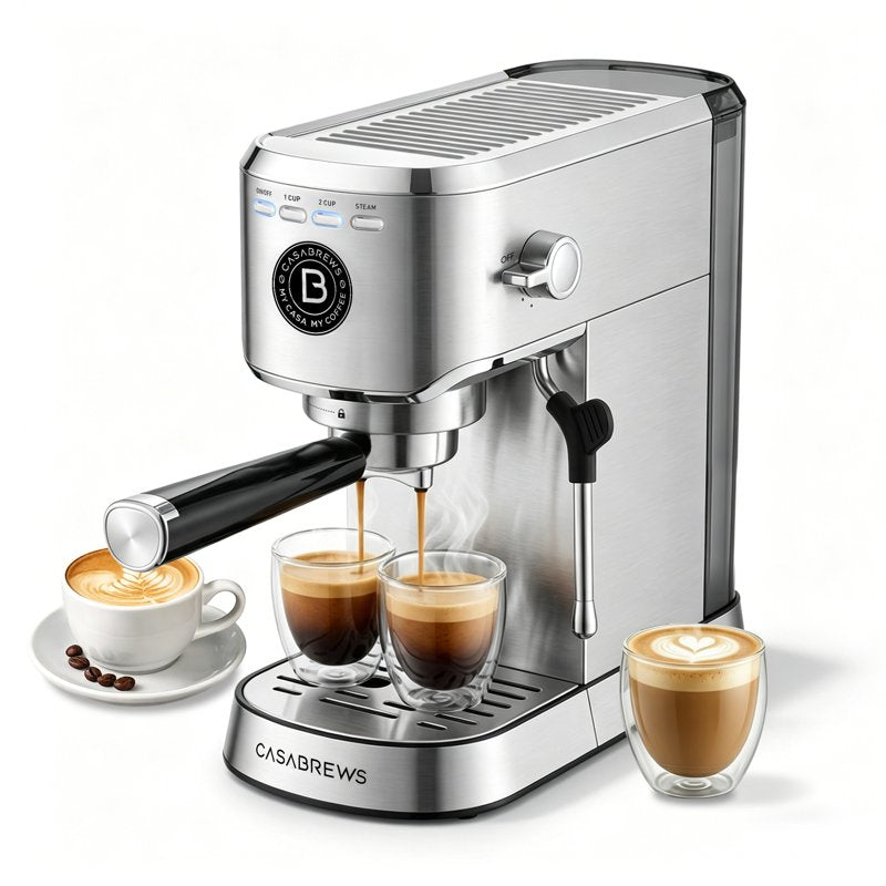 20-Bar Espresso Machine with Steam Wand - Compact Stainless Steel Coffee Maker