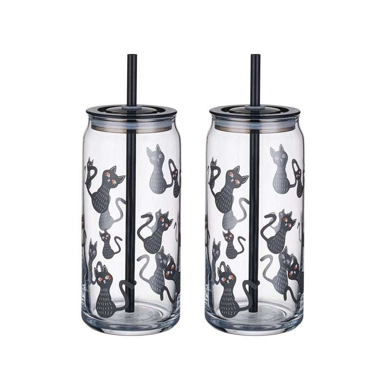 Halloween Cat Glass Can Sipper Tumblers - 20 oz, 2 Pack