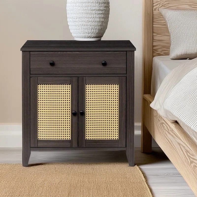 Rattan End Table & Storage Cabinet with Drawer - Walnut