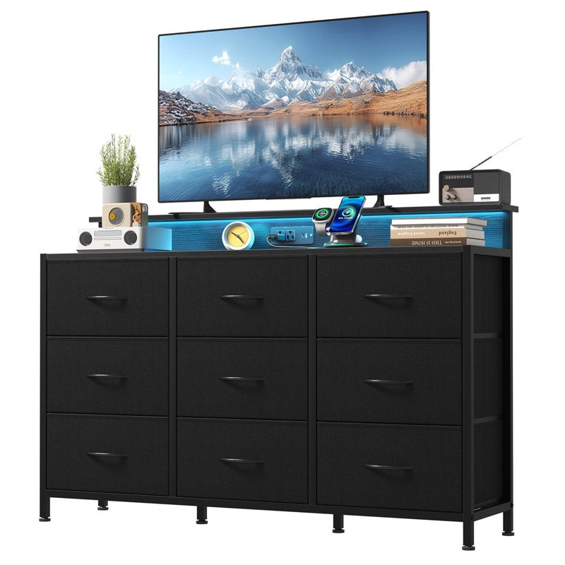 9-Drawer Storage Dresser with LED Lights & Charging Station