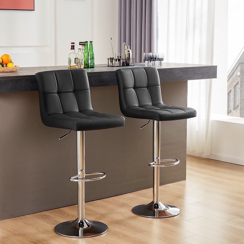 Adjustable Swivel PU Leather Bar Stools - Set of 2, Black
