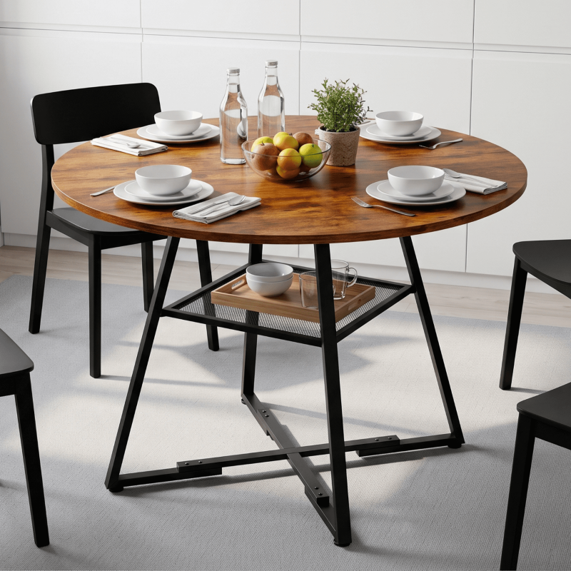 42" Round Dining Table for 4-6 - Farmhouse Style with Storage Shelf - Rust