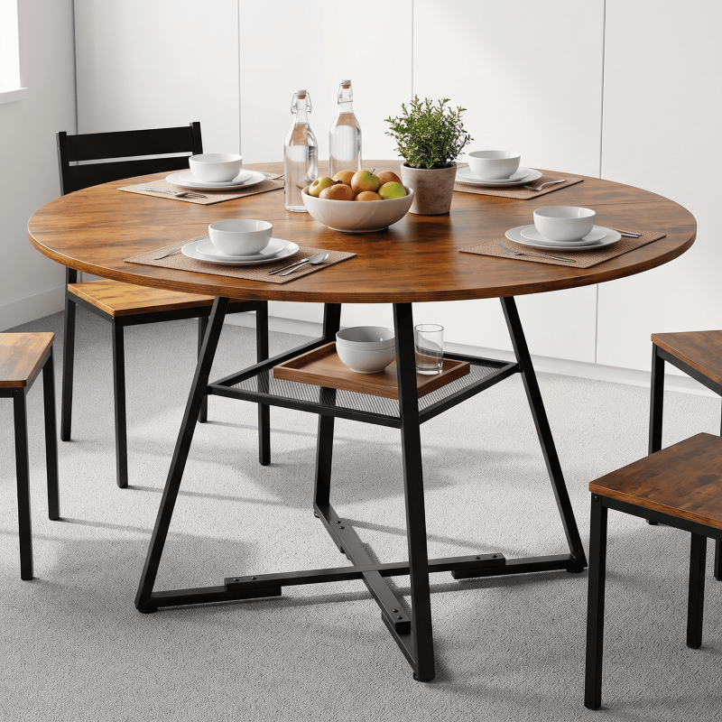 47 Inch Round Dining Table for 4-6 - Farmhouse Style, Rust