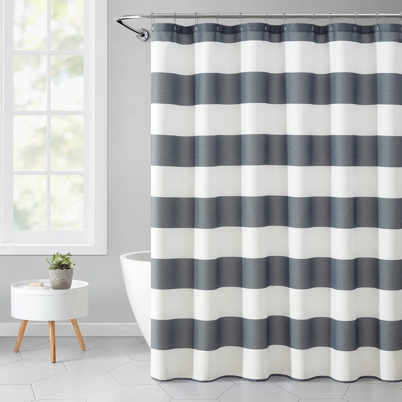 Gray Cabana Striped Shower Curtain & Liner Set - 72x72 Inch, Ribbed Textured, Medium Weight PEVA, Machine Washable, Variation of Curtain & Liner