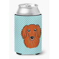 Dachshund Can Cooler - Longhair Red Checkerboard Blue - 12 Oz