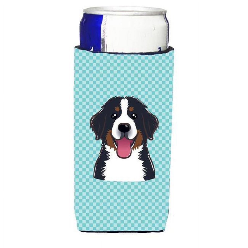 Bernese Mountain Dog Checkerboard Blue Can Cooler - Slim Can