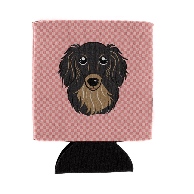 Dachshund Can Cooler - Checkerboard Pink - Fits 12 Oz Cans