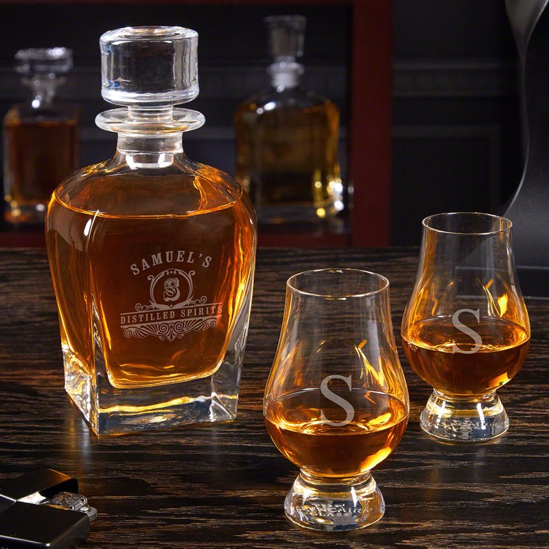 Engraved Whiskey Decanter Set with Glencairn Glasses - 3 Pieces