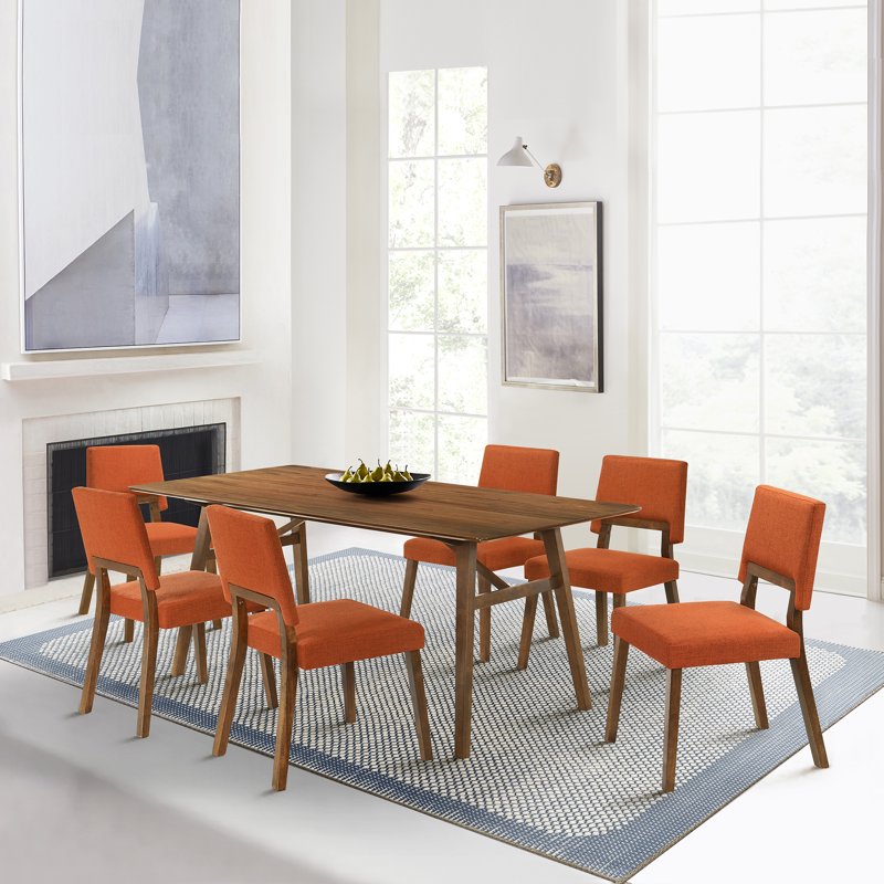 Wood Dining Chairs Set of 6 - Walnut Finish with Orange Fabric