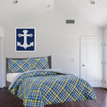 Kids Reversible Microfiber Comforter Set - Full Size Blue & Yellow Plaid - Bedding Collection with Sham - Diagonal Pattern