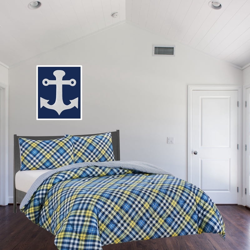 Kids Reversible Microfiber Comforter Set - Full Size Blue & Yellow Plaid - Bedding Collection with Sham - Diagonal Pattern