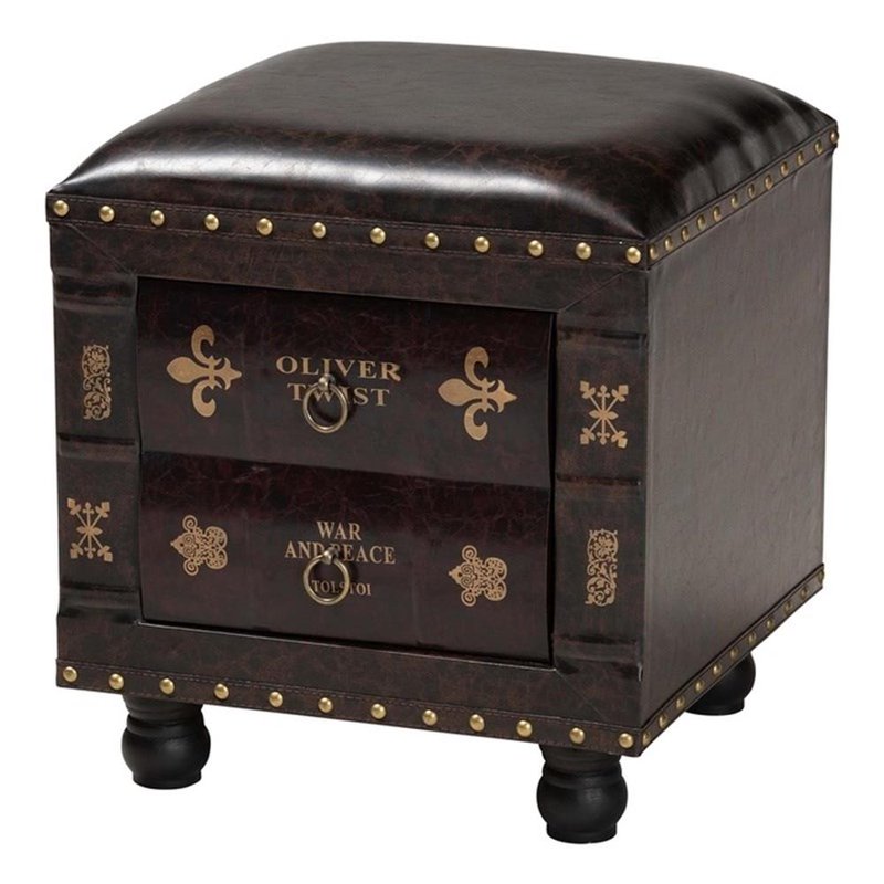 Rustic Faux Leather Storage Ottoman with Book Spine Drawer