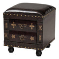 Rustic Faux Leather Storage Ottoman with Book Spine Drawer
