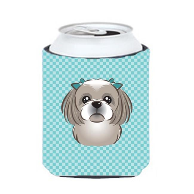 Shih Tzu Can Cooler - Silver Checkerboard Blue, 12 oz Beverage Hugger