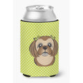 Shih Tzu Can Cooler - Checkerboard Lime Green & Chocolate Brown