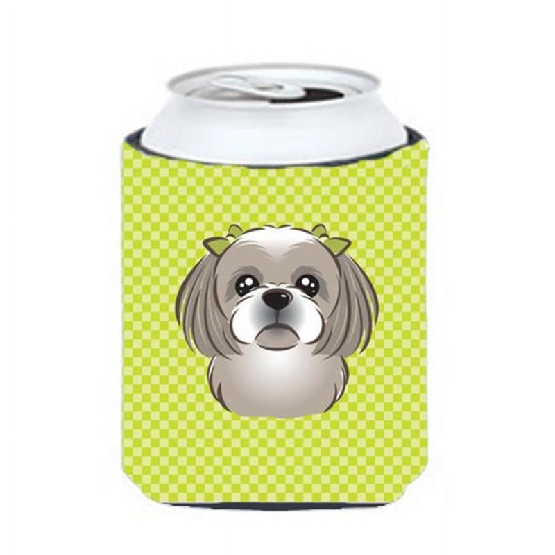 Shih Tzu Can Cooler - Silver Checkerboard Lime Green