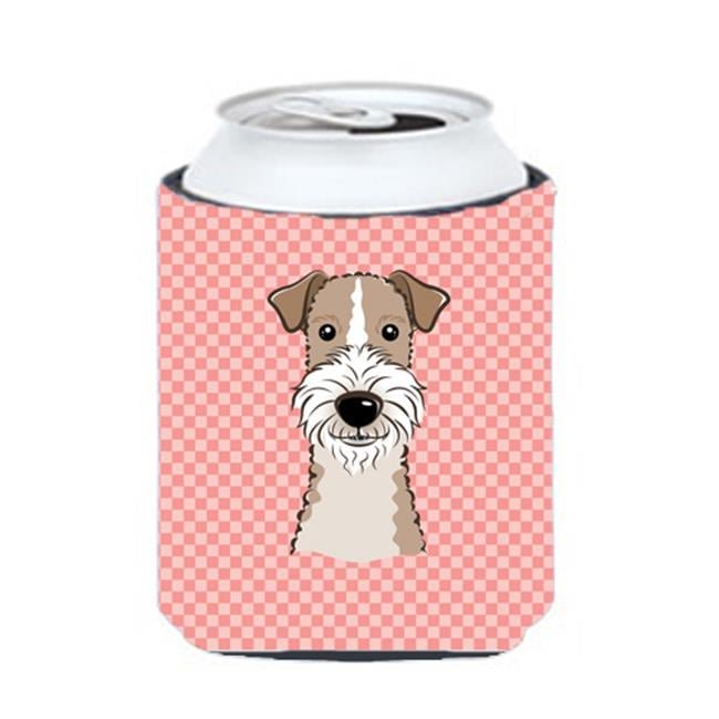 Wire Haired Fox Terrier Can Cooler - Pink Checkerboard Design