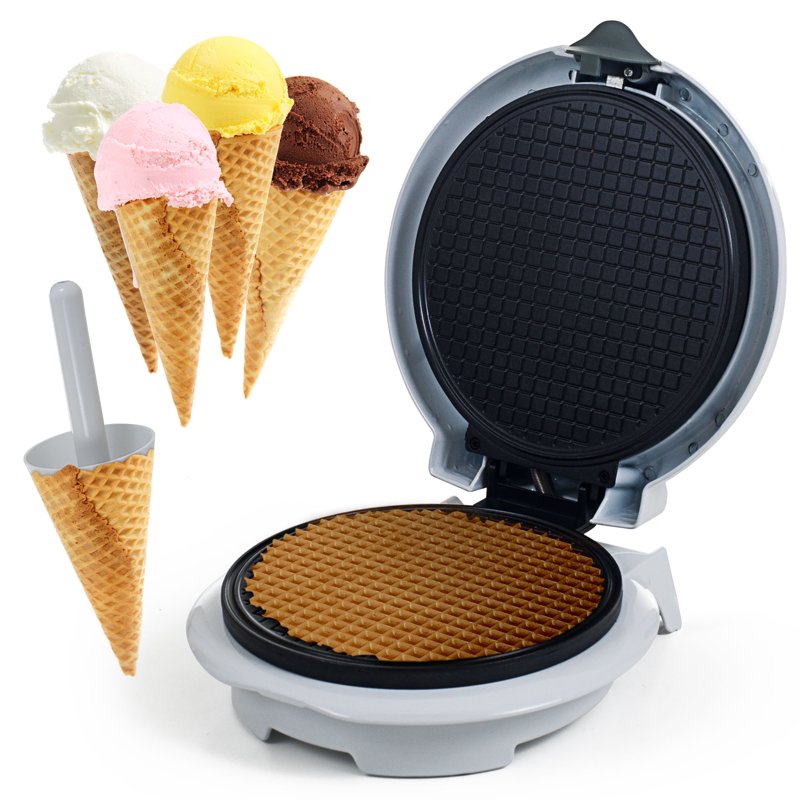 Electric Waffle Cone Maker and Pizzelle Iron with Nonstick Plates - White