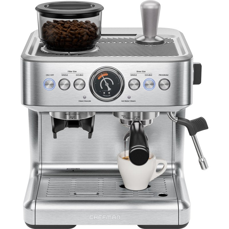 Stainless Steel Espresso Machine with Conical Burr Grinder & Steam Wand