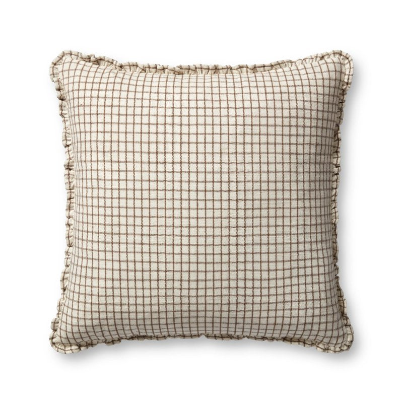 Decorative Throw Pillow 22 x 22 Inches - Ivory Earth Gridded Pattern with Ruffles