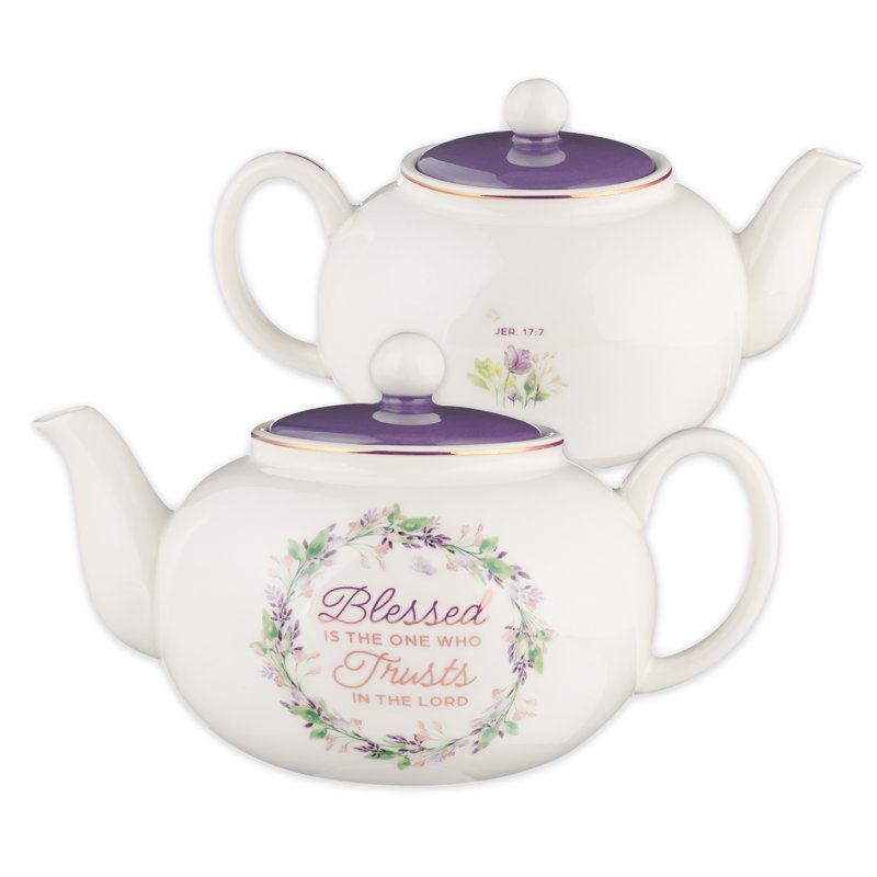 Inspirational Ceramic Teapot - Blessed Purple Floral, 34 oz