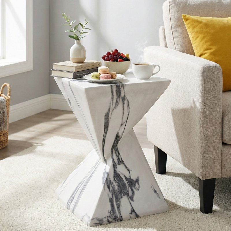 Modern Geometric Concrete Accent Side Table - Faux Marble Finish