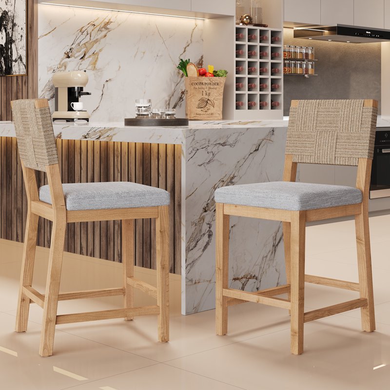 Counter Height Bar Stools Set of 2 - Natural Finish & Gray Cushion