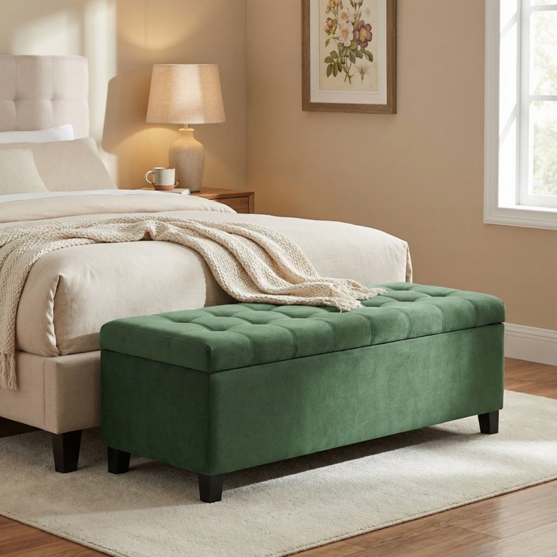 51" Fabric Storage Ottoman Bench with Hidden Storage - Retro Green