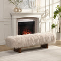 67" Wooden Bench with Long-Haired Faux Wool Upholstery - 3-Person Seat, Brown & White