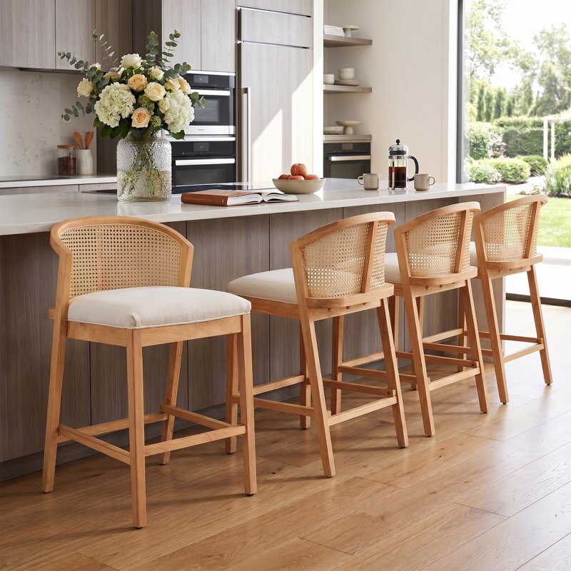 Counter Height Bar Stools - Wood Frame & Rattan Backrest, Natural Finish, Set of 4