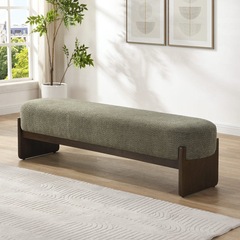 Dark Green Loop Yarn Rectangle Ottoman Bench with Wooden Legs