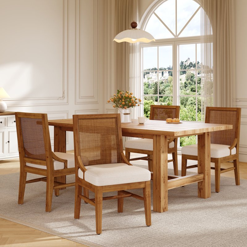 Upholstered Dining Chair Set of 4 - Beige & Walnut with Cane Back